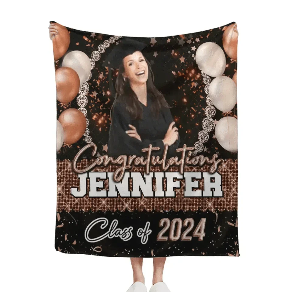 Custom Glitter Balloon Congrats Class Of 2024 Graduation Blanket - Graduation Party Decorations - Joliny