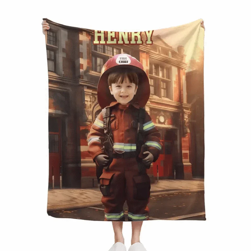Custom Kids Gift Blanket With Photo Name, Personalized Firefighter Boy Blanket, Custom Boy Firefighter Gifts - Joliny