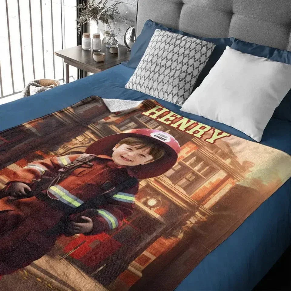 Custom Kids Gift Blanket With Photo Name, Personalized Firefighter Boy Blanket, Custom Boy Firefighter Gifts - Joliny