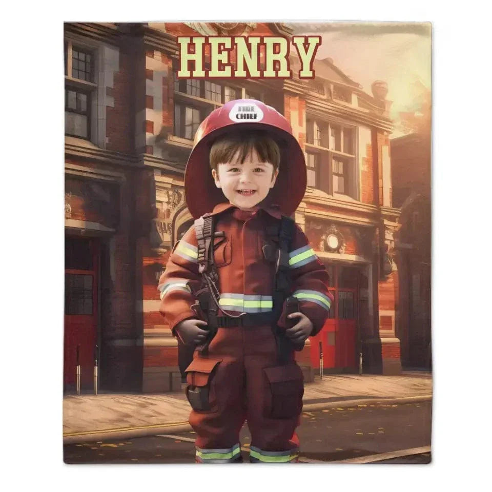 Custom Kids Gift Blanket With Photo Name, Personalized Firefighter Boy Blanket, Custom Boy Firefighter Gifts - Joliny