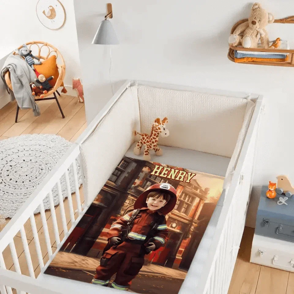 Custom Kids Gift Blanket With Photo Name, Personalized Firefighter Boy Blanket, Custom Boy Firefighter Gifts - Joliny