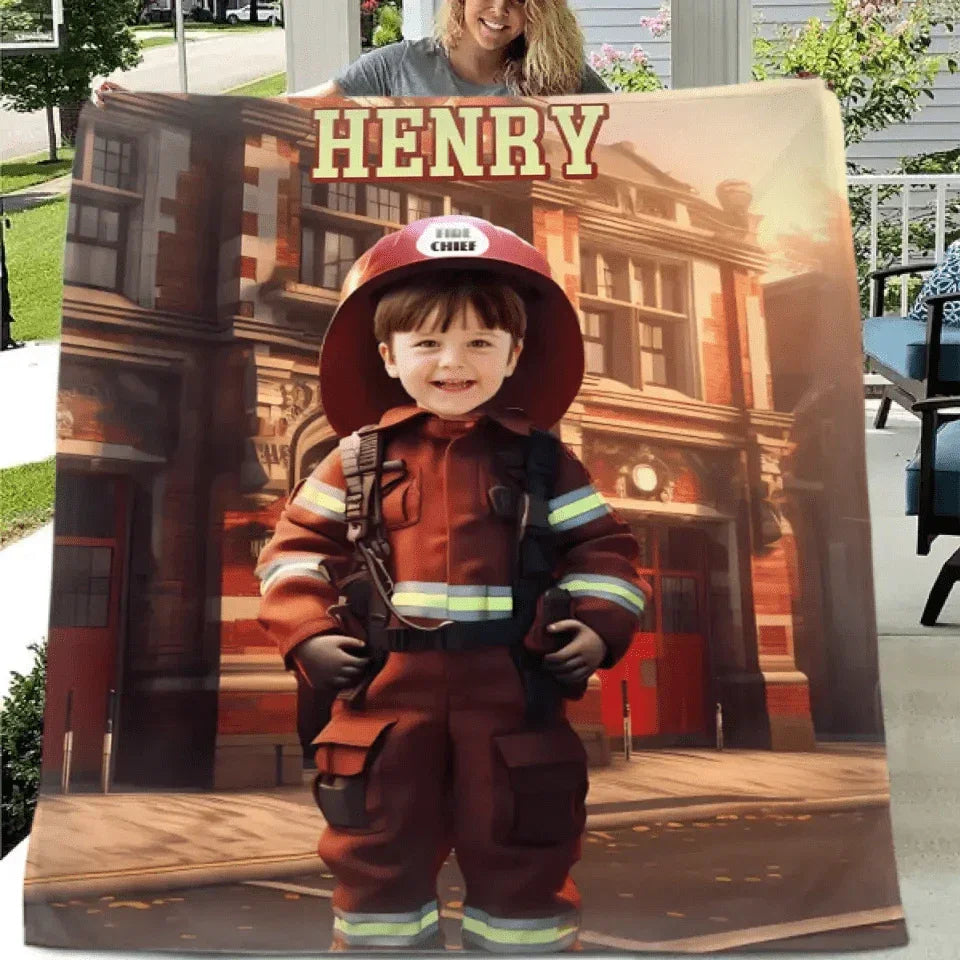 Custom Kids Gift Blanket With Photo Name, Personalized Firefighter Boy Blanket, Custom Boy Firefighter Gifts - Joliny