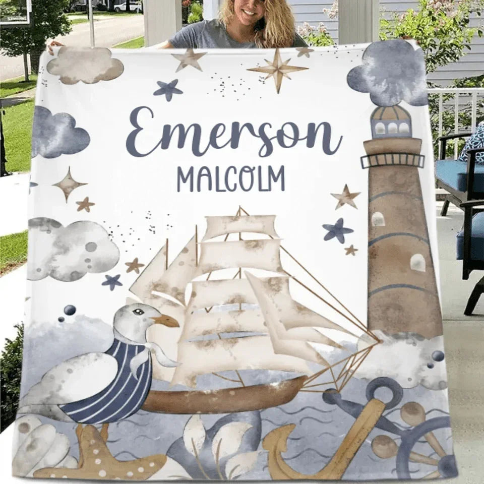 Customised Nautical Theme - Personalized Name Ocean, seagull, sailboat, lighthouse motifs Blanket - A Gift for Friend,Child,Newborn - Joliny