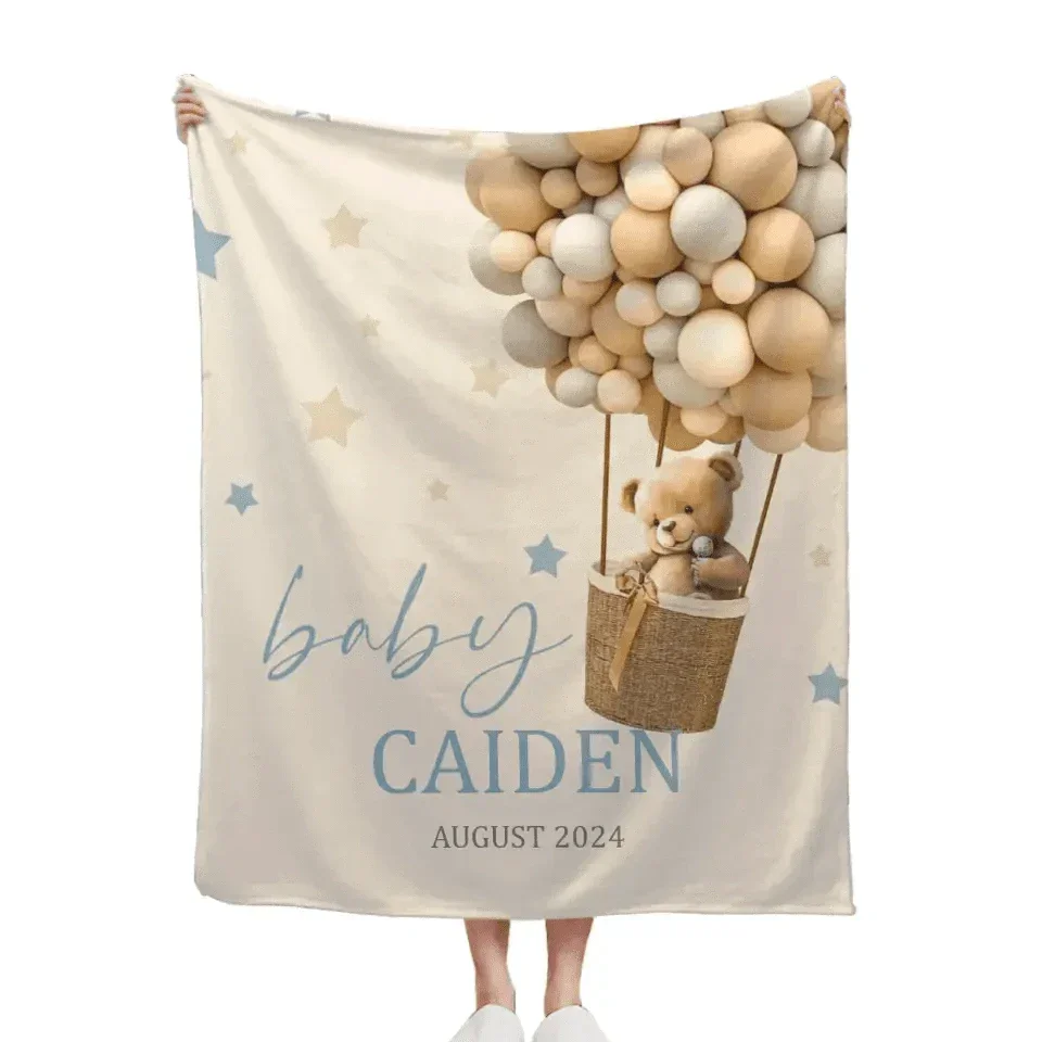 Custom Personalized Baby Blankets for Boys Girls,Customized Hot Air Balloon Star Bear Blanket with Name - Joliny