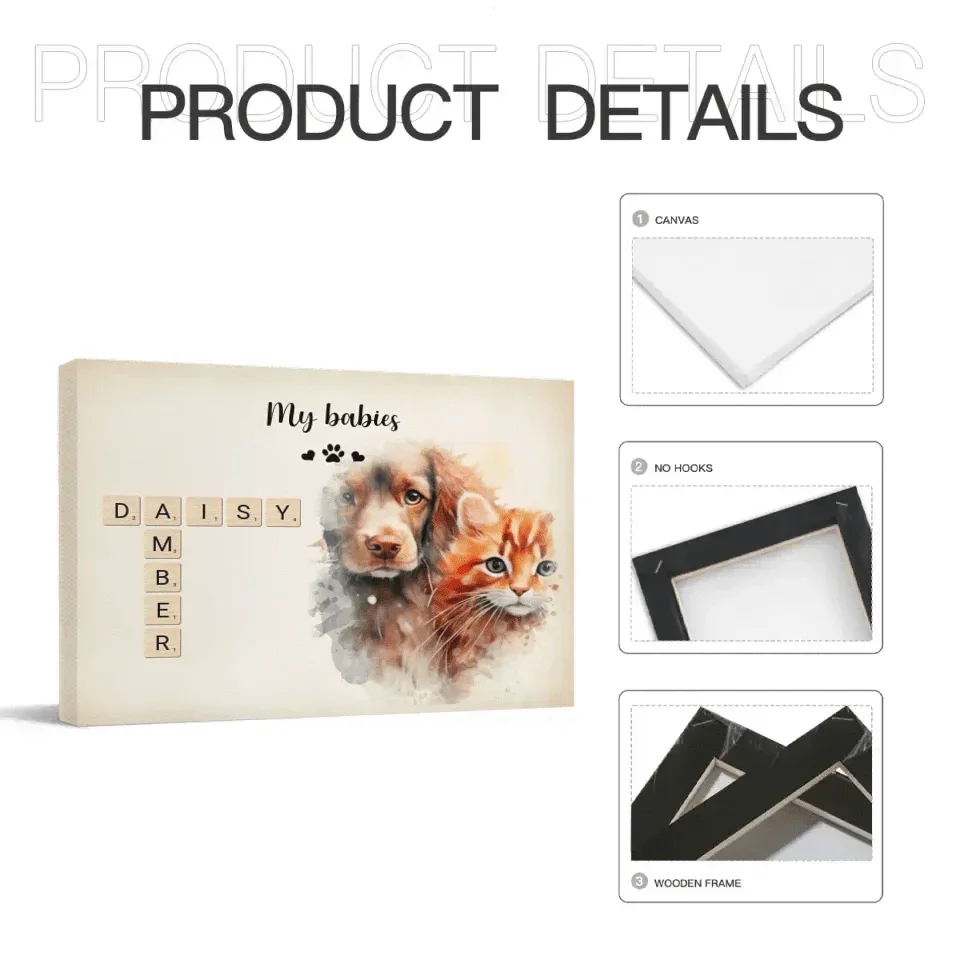 Custom Pet Wall Art - Personalized Name Crossword Puzzle And Decorative Canvas Painting With Pet Photo - Unique Gift For Pet Owner - Joliny