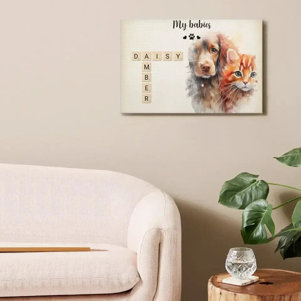 Custom Pet Wall Art - Personalized Name Crossword Puzzle And Decorative Canvas Painting With Pet Photo - Unique Gift For Pet Owner - Joliny