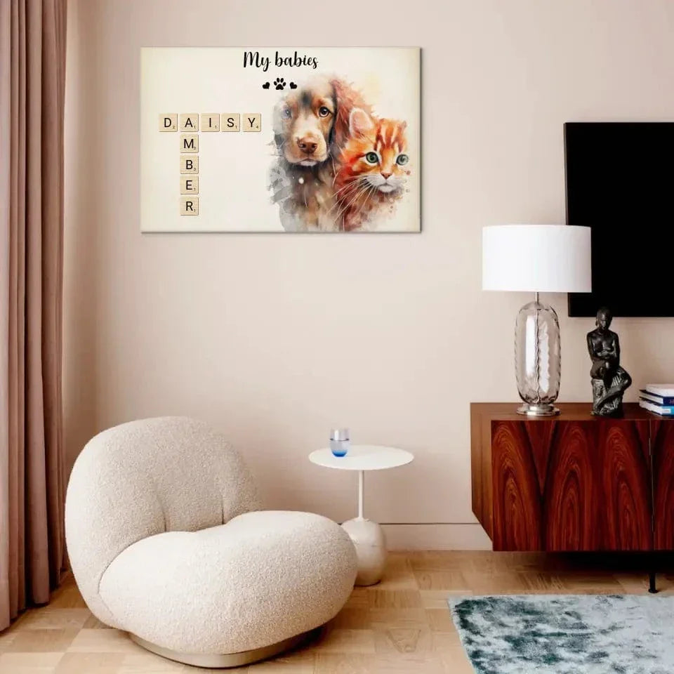 Custom Pet Wall Art - Personalized Name Crossword Puzzle And Decorative Canvas Painting With Pet Photo - Unique Gift For Pet Owner - Joliny