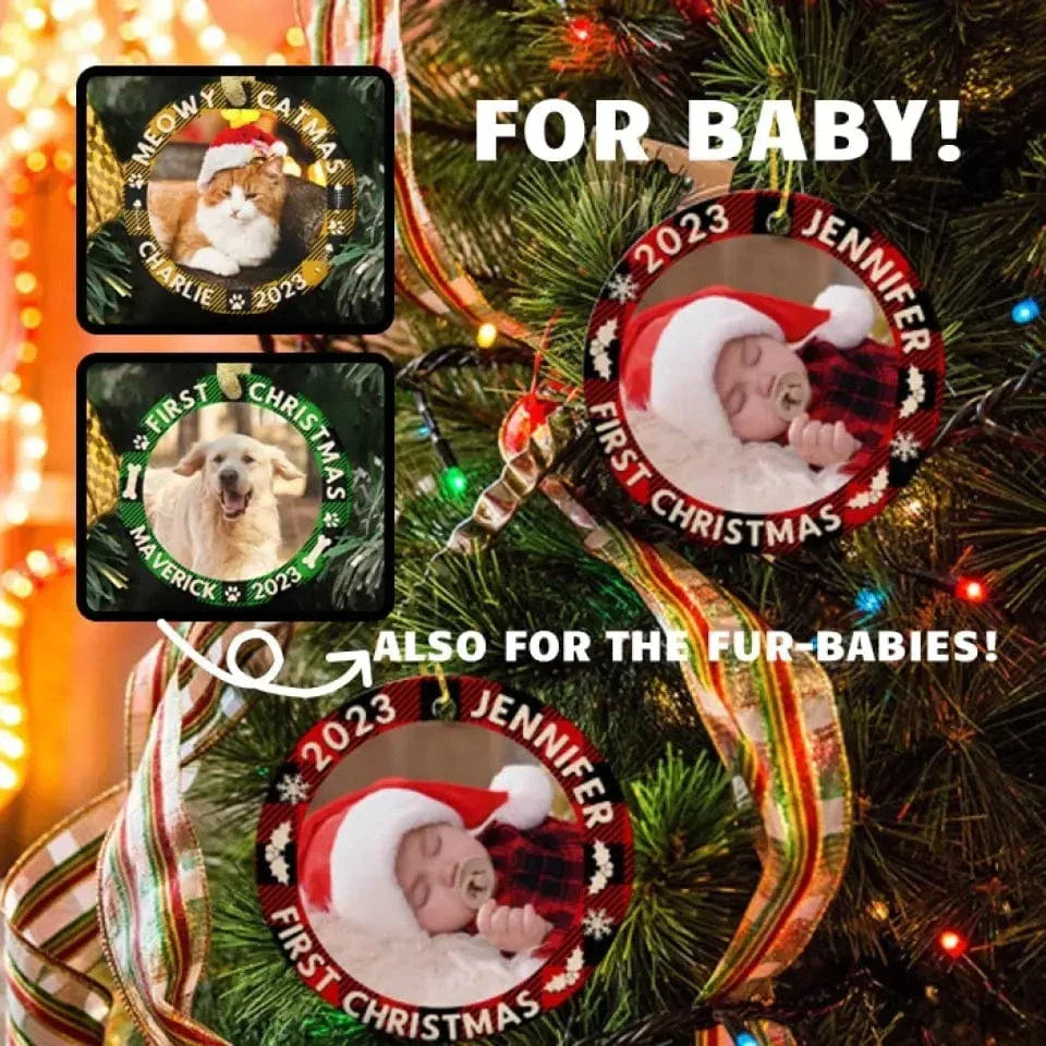 Custom Photo First Christmas - Dog & Cat & Baby Personalized Custom Ceramic Ornament - Christmas Gift For Family - Joliny