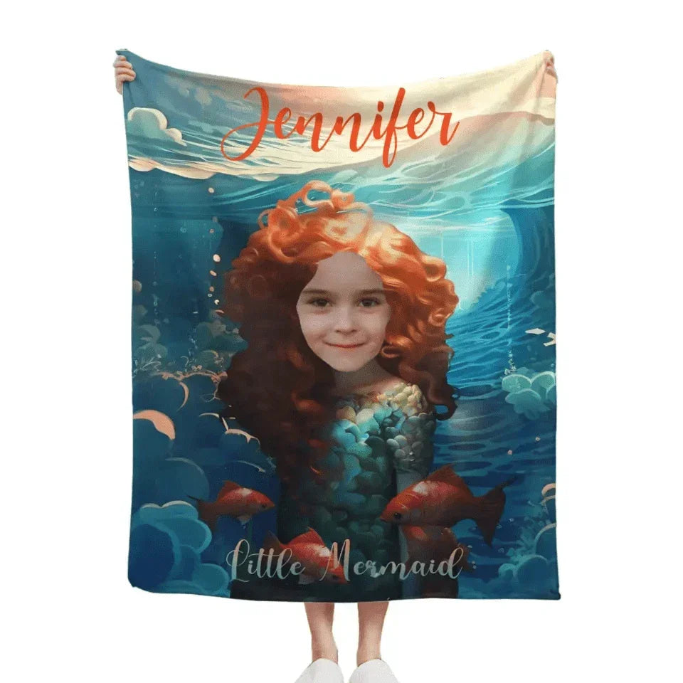 Custom Photo Name Little Mermaid Blanket, Personalized Gift for Daughter, Little Mermaid Birthday Surprise - Joliny