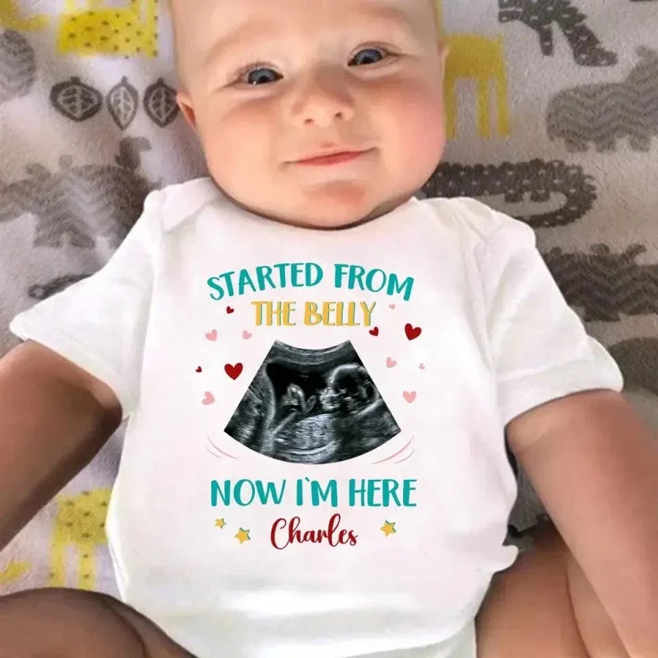 Custom Photo Started from the belly, now I'm here - Family Personalized Custom Baby Onesie - Mother's Day, Baby Shower Gift, Gift For First Mom - Joliny