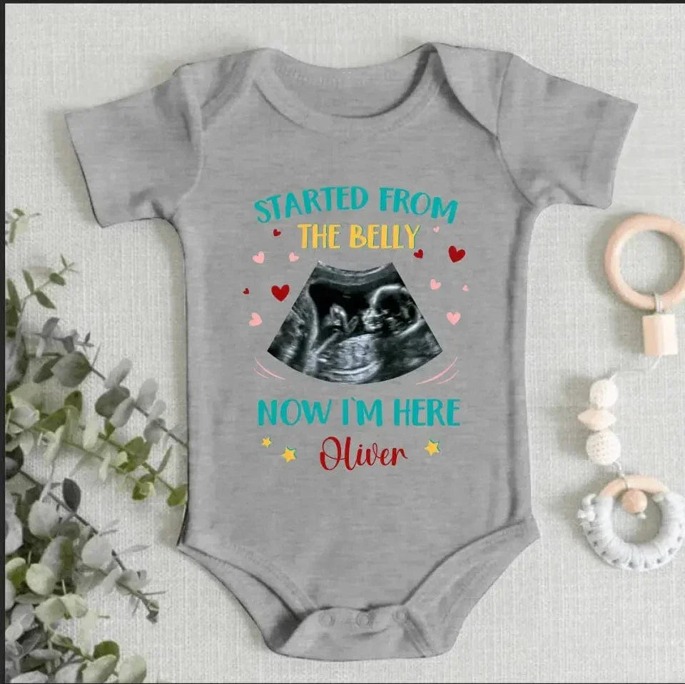 Custom Photo Started from the belly, now I'm here - Family Personalized Custom Baby Onesie - Mother's Day, Baby Shower Gift, Gift For First Mom - Joliny