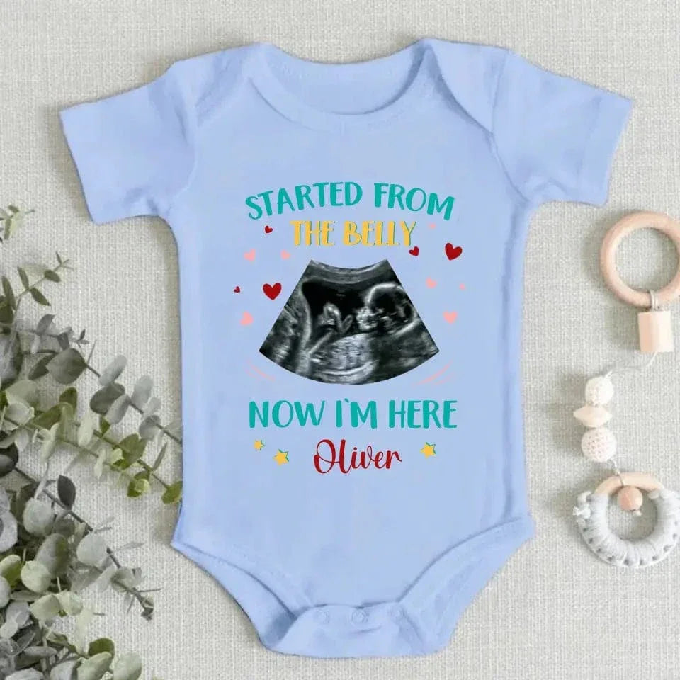 Custom Photo Started from the belly, now I'm here - Family Personalized Custom Baby Onesie - Mother's Day, Baby Shower Gift, Gift For First Mom - Joliny