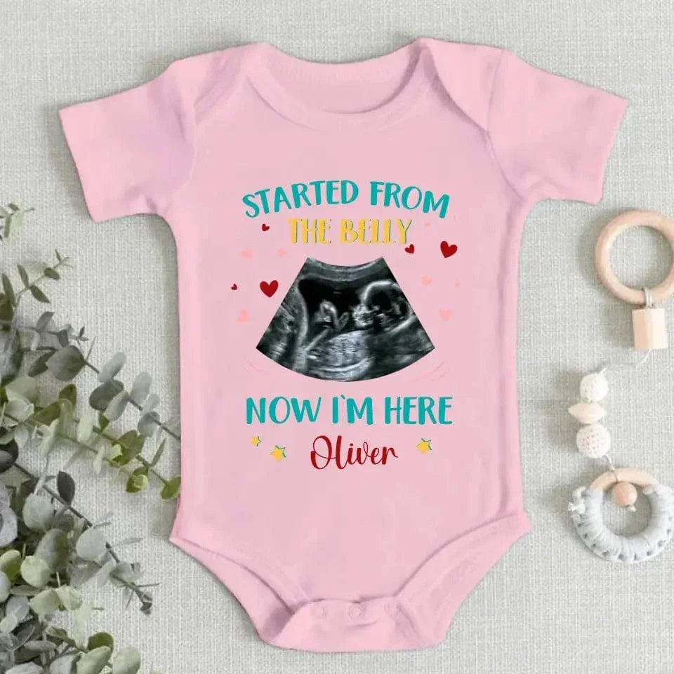 Custom Photo Started from the belly, now I'm here - Family Personalized Custom Baby Onesie - Mother's Day, Baby Shower Gift, Gift For First Mom - Joliny