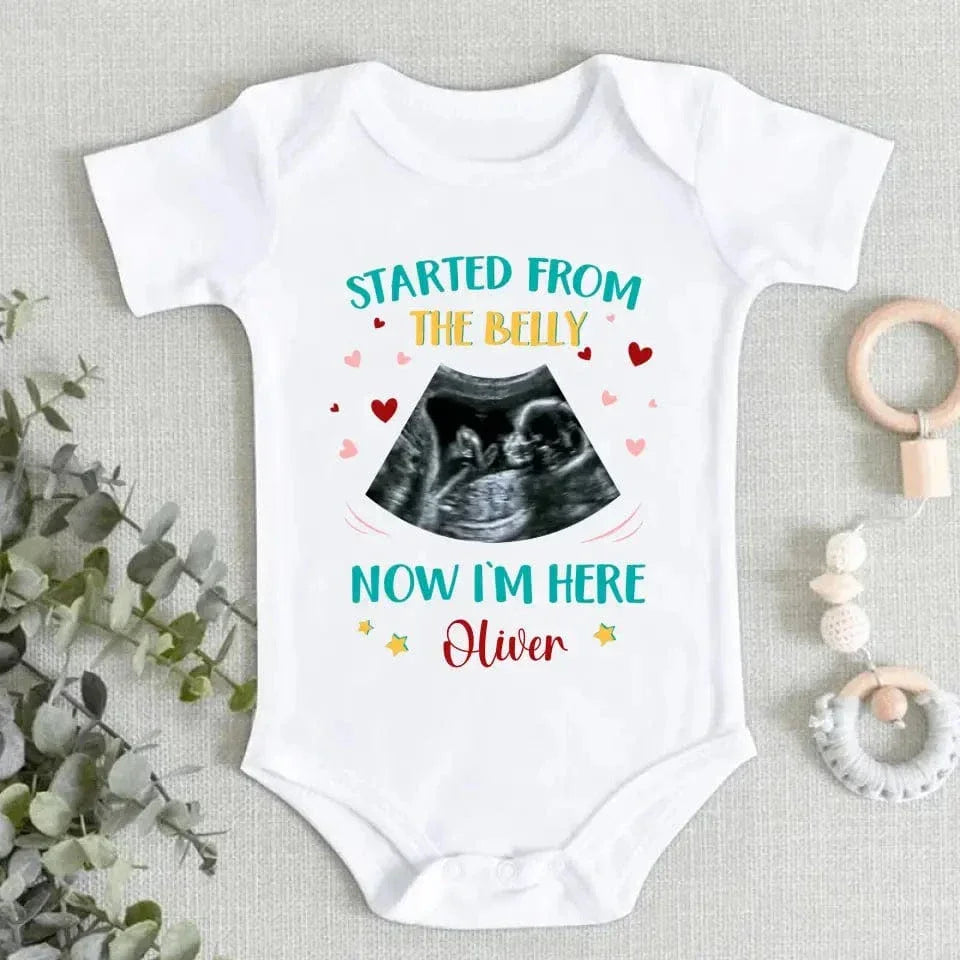 Custom Photo Started from the belly, now I'm here - Family Personalized Custom Baby Onesie - Mother's Day, Baby Shower Gift, Gift For First Mom - Joliny