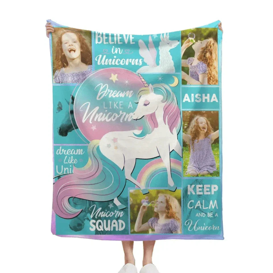 Custom Unicorn Blanket with 4 Photos and Name for Girls - Joliny