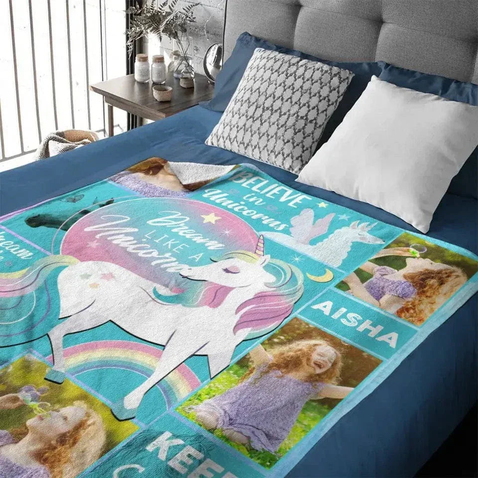 Custom Unicorn Blanket with 4 Photos and Name for Girls - Joliny