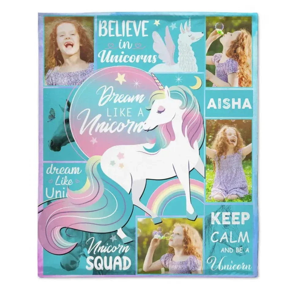 Custom Unicorn Blanket with 4 Photos and Name for Girls - Joliny