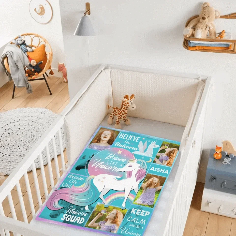 Custom Unicorn Blanket with 4 Photos and Name for Girls - Joliny