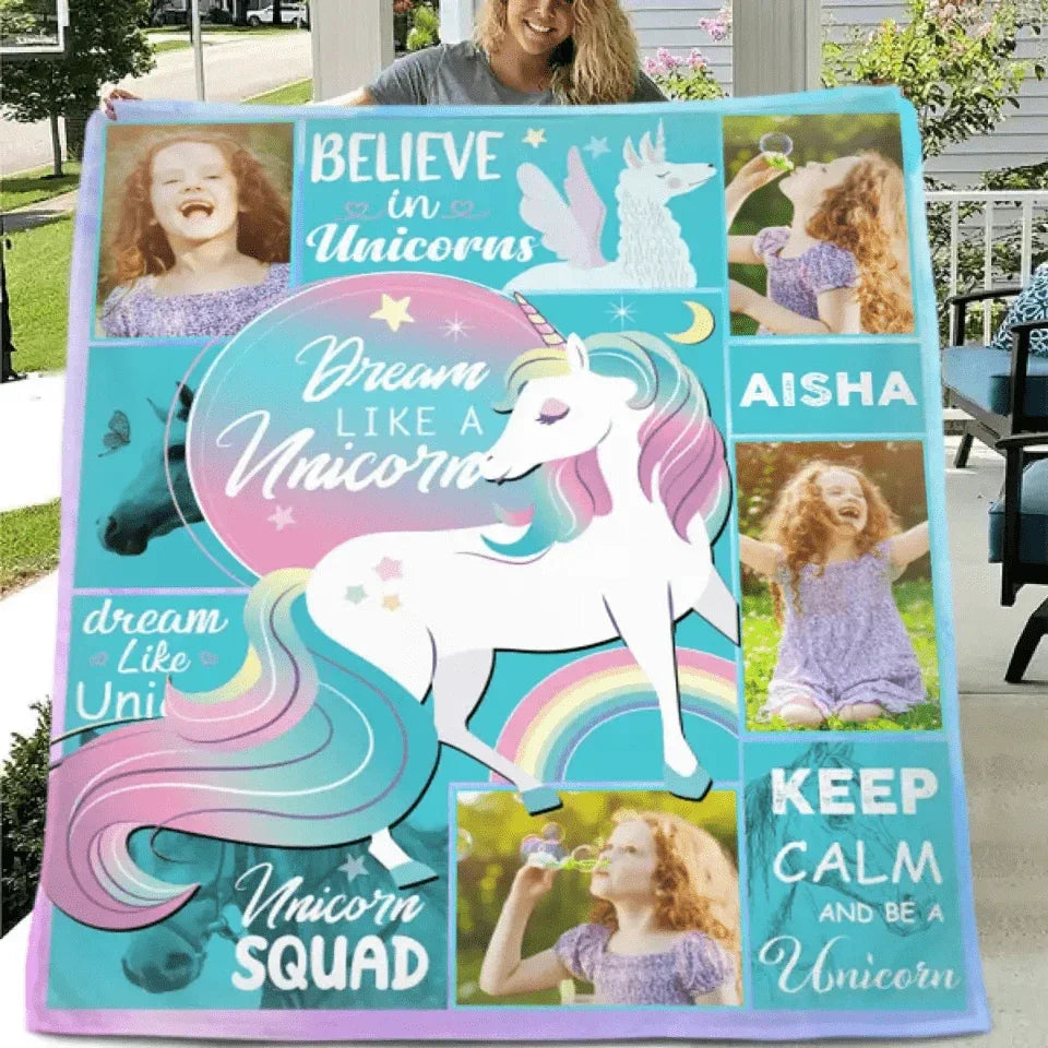 Custom Unicorn Blanket with 4 Photos and Name for Girls - Joliny