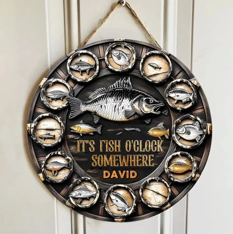 It's Fish Oclock Somewhere - Personalized Fishing Wooden Door Sign - A Gift for the Fishing Enthusiast! - Joliny