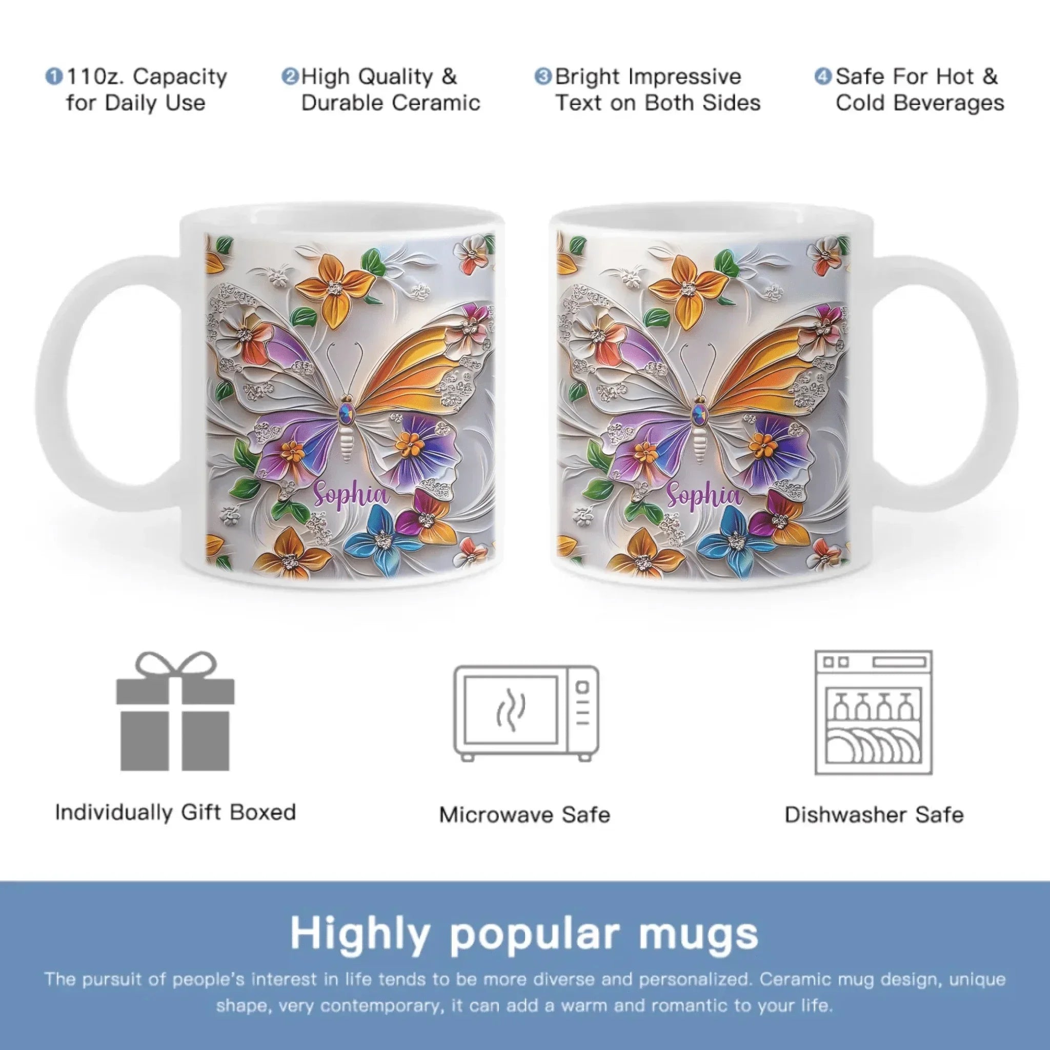 Customised Butterfly Themed Mugs - Personalised Name Gorgeous Butterfly Print Decorative Mugs - A Gift For Family,Friend,Sister,BFF,Butterfly Lovers - Joliny