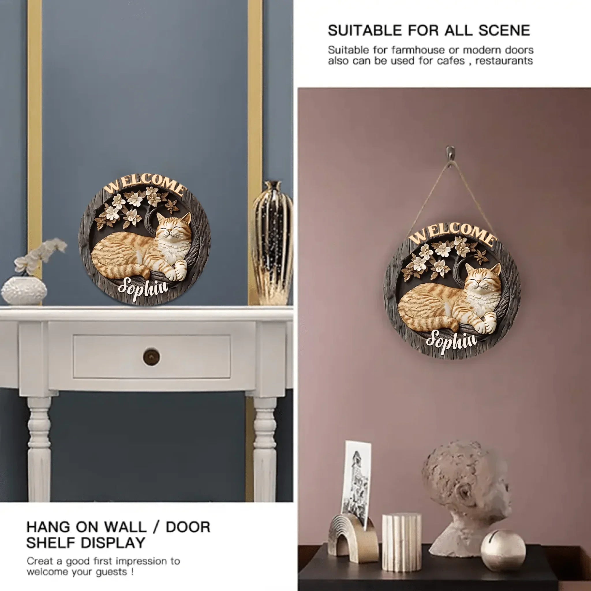 Customised Cat Wooden Door Signs - Cat-themed Round Wooden Signs with Personalised Name and Photo - A Gift For Family,Friend,Cat Lovers,Cat Owners - Joliny