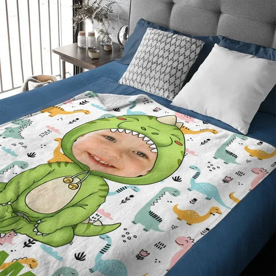Customised Dinosaur Blanket - Personalised Name and Photo Dinosaur Clothes Pattern Blanket - A Gift For Children,Grandchildren,Boy,Girl,Dinosaur Lovers - Joliny