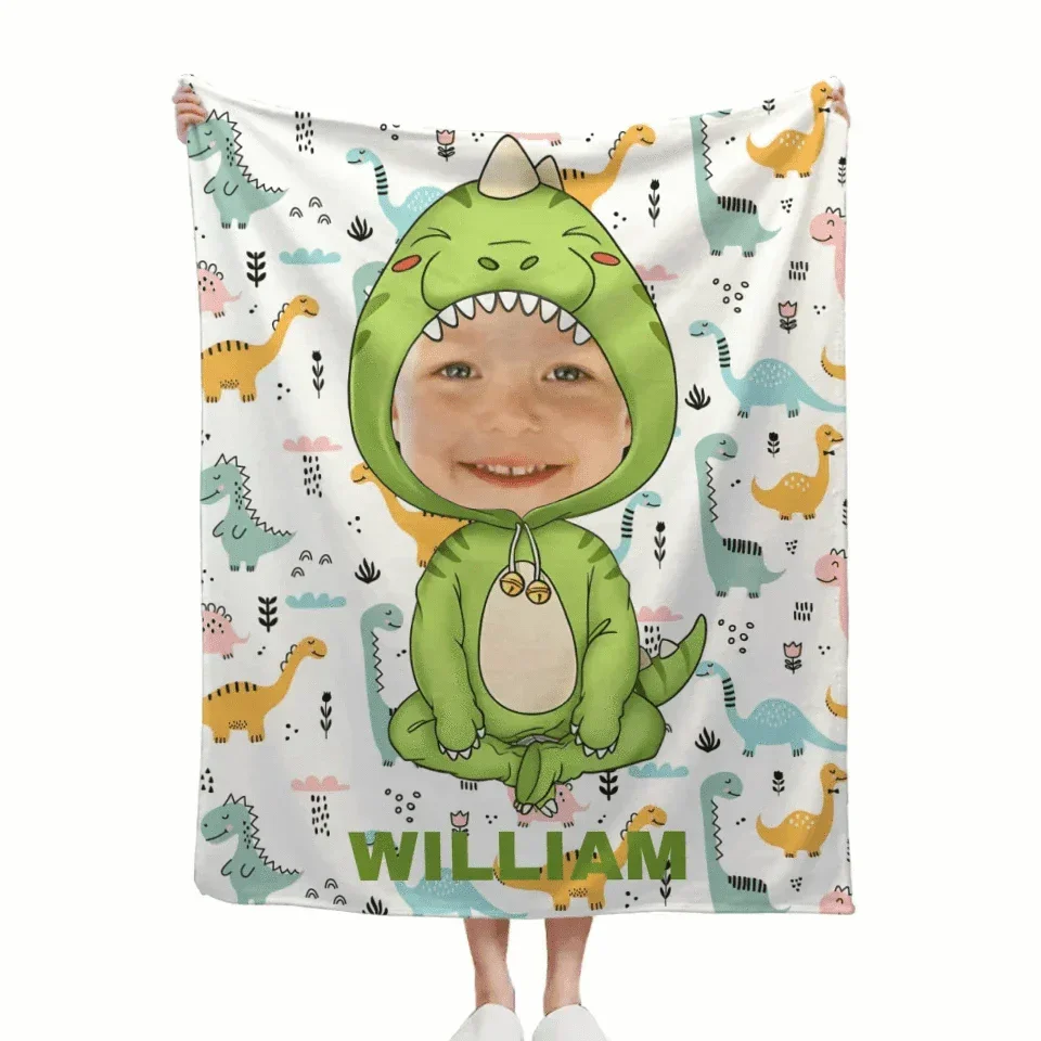 Customised Dinosaur Blanket - Personalised Name and Photo Dinosaur Clothes Pattern Blanket - A Gift For Children,Grandchildren,Boy,Girl,Dinosaur Lovers - Joliny