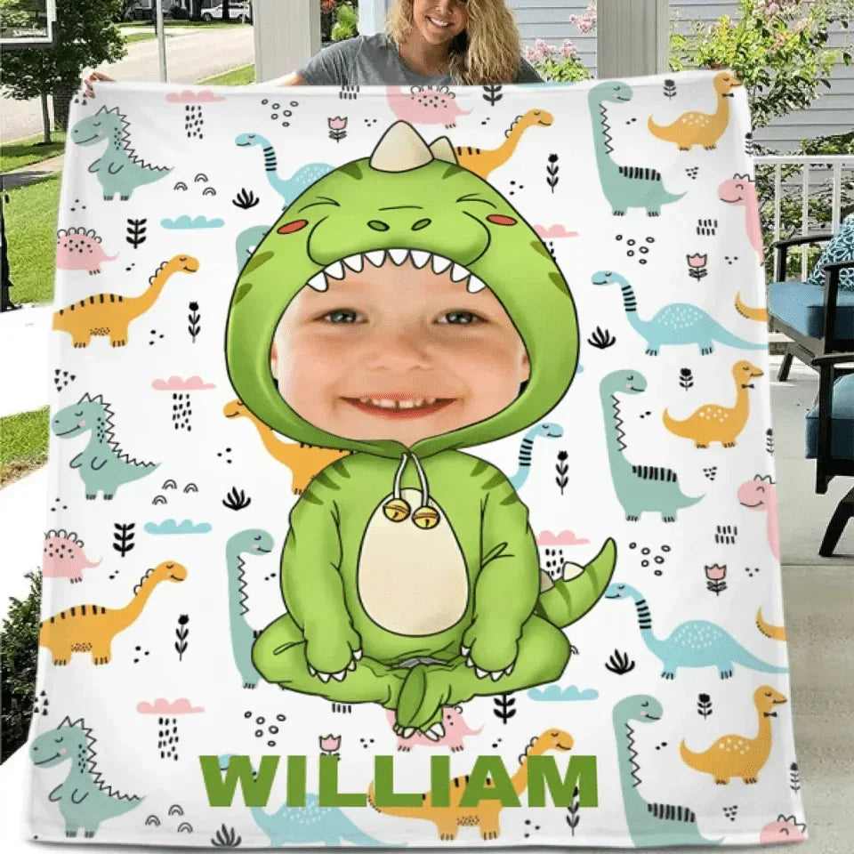 Customised Dinosaur Blanket - Personalised Name and Photo Dinosaur Clothes Pattern Blanket - A Gift For Children,Grandchildren,Boy,Girl,Dinosaur Lovers - Joliny