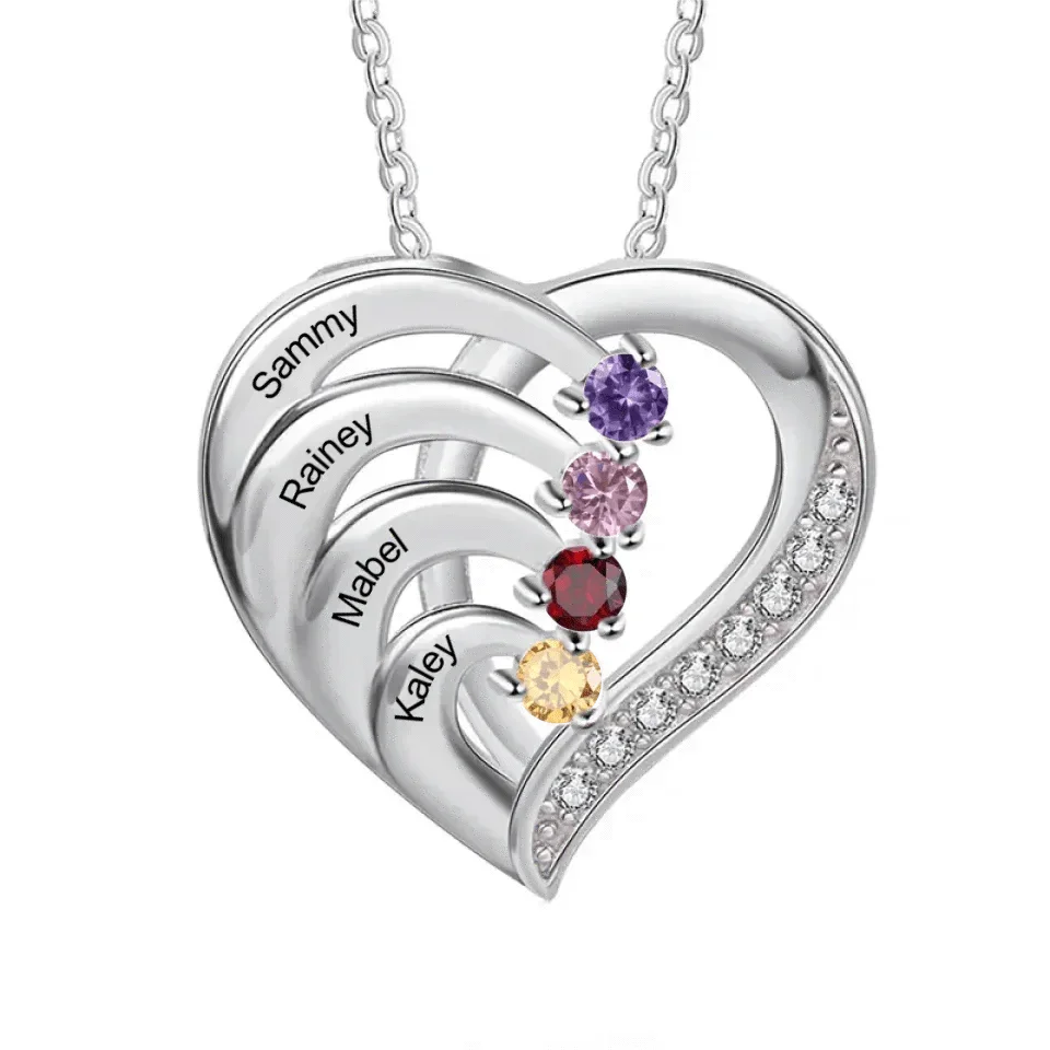 Customised Heart Necklace - Personalised Name and Birthstone Silver Heart Necklace - Meaningful Gift For Mom,Grandma - Joliny