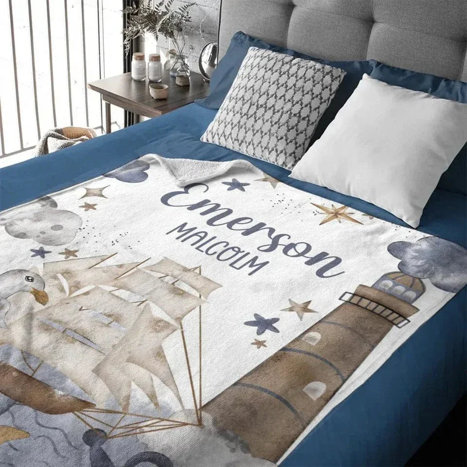 Customised Nautical Theme - Personalized Name Ocean, seagull, sailboat, lighthouse motifs Blanket - A Gift for Friend,Child,Newborn - Joliny