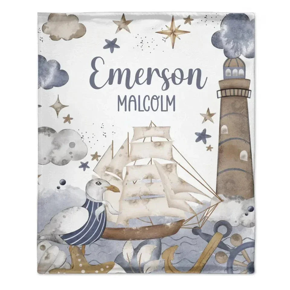 Customised Nautical Theme - Personalized Name Ocean, seagull, sailboat, lighthouse motifs Blanket - A Gift for Friend,Child,Newborn - Joliny