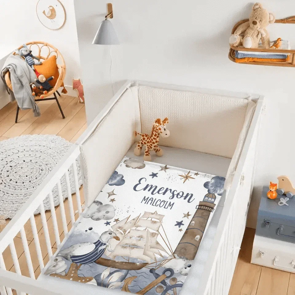 Customised Nautical Theme - Personalized Name Ocean, seagull, sailboat, lighthouse motifs Blanket - A Gift for Friend,Child,Newborn - Joliny