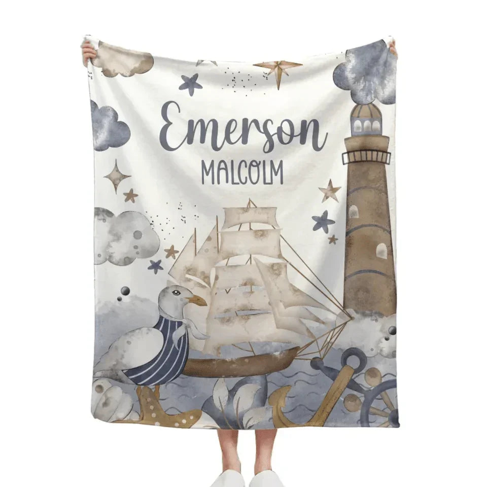 Customised Nautical Theme - Personalized Name Ocean, seagull, sailboat, lighthouse motifs Blanket - A Gift for Friend,Child,Newborn - Joliny