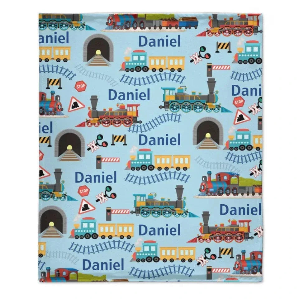 Customised Railway Train Blanket - Personalised Name Railway Train Pattern Blue Blanket - A Gift For Children,Boy,Baby,Train Lover - Joliny