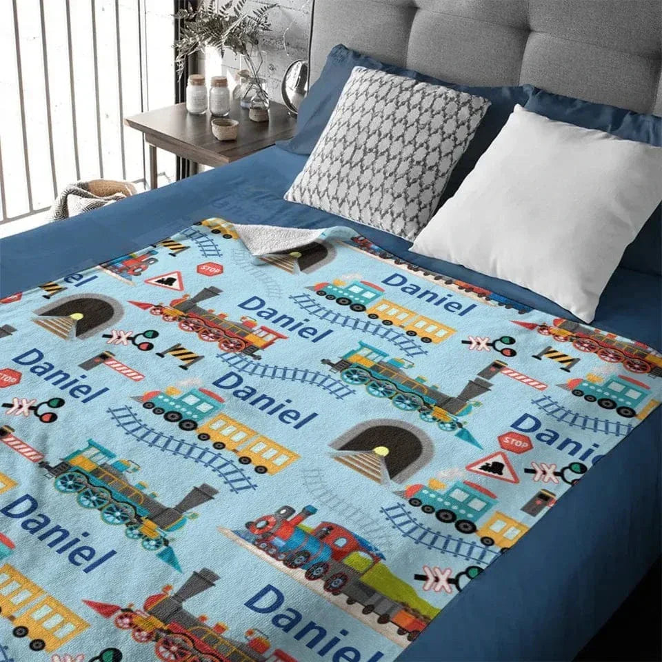 Customised Railway Train Blanket - Personalised Name Railway Train Pattern Blue Blanket - A Gift For Children,Boy,Baby,Train Lover - Joliny