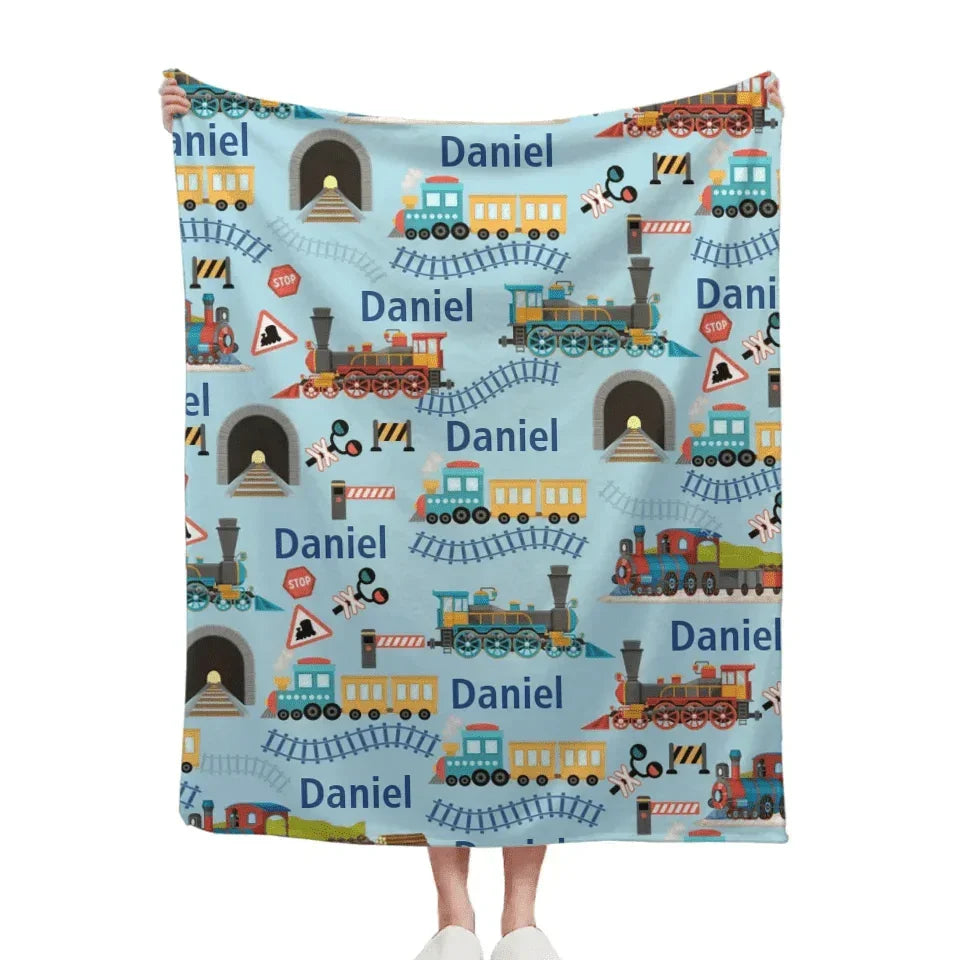 Customised Railway Train Blanket - Personalised Name Railway Train Pattern Blue Blanket - A Gift For Children,Boy,Baby,Train Lover - Joliny