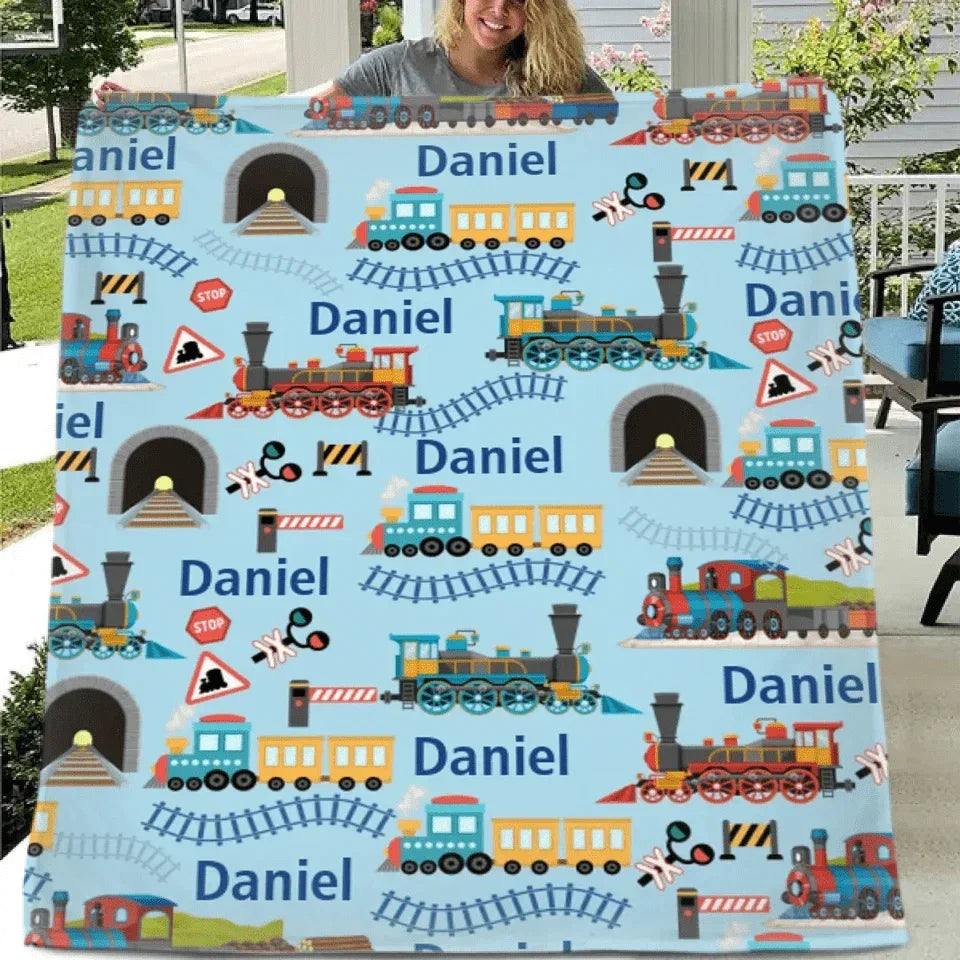 Customised Railway Train Blanket - Personalised Name Railway Train Pattern Blue Blanket - A Gift For Children,Boy,Baby,Train Lover - Joliny