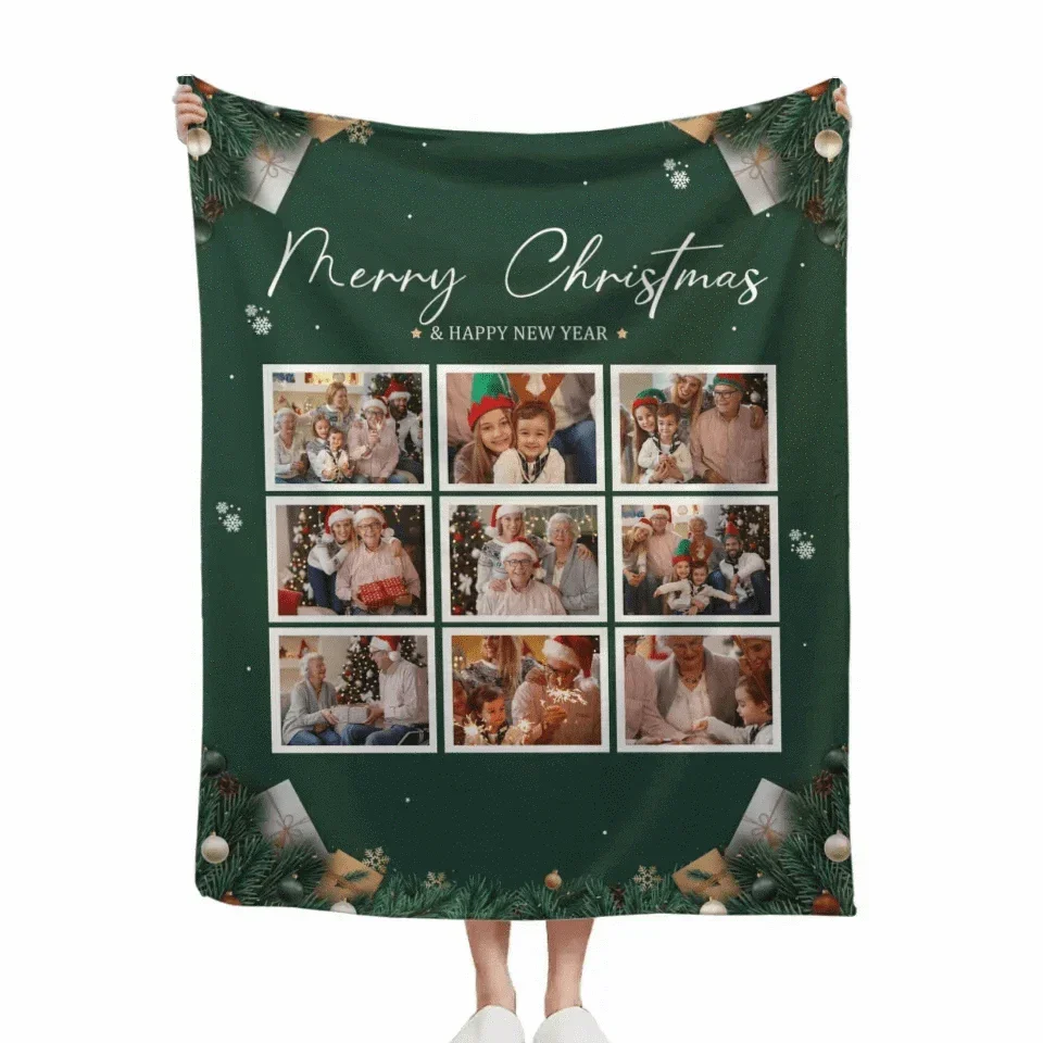 Customizable Christmas Home Blanket with 9 Photos - Christmas Themed Personalized Family Photo Soft Flannel Blanket - Christmas Gift For Family,Party - Joliny