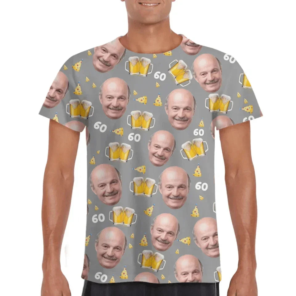 Customized Beer Celebration T-shirt - Beer and Pointy Hat Pattern Personalized Photo Clothes - A Gift For Party Host,Birthday Person,Friends,Colleague - Joliny