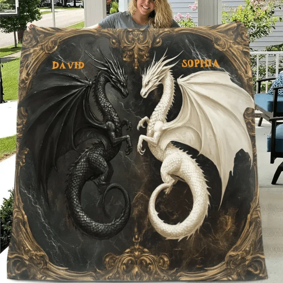 Customized Black and White Dinosaur Blanket - Personalized Name Dark Flannel Blanket - A Gift For Dinosaur Lovers - Joliny