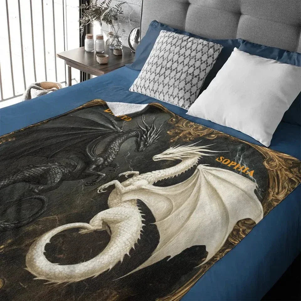 Customized Black and White Dinosaur Blanket - Personalized Name Dark Flannel Blanket - A Gift For Dinosaur Lovers - Joliny