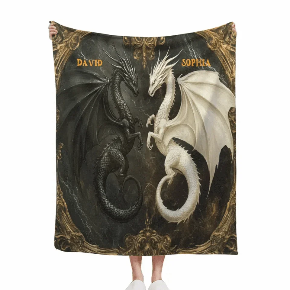 Customized Black and White Dinosaur Blanket - Personalized Name Dark Flannel Blanket - A Gift For Dinosaur Lovers - Joliny