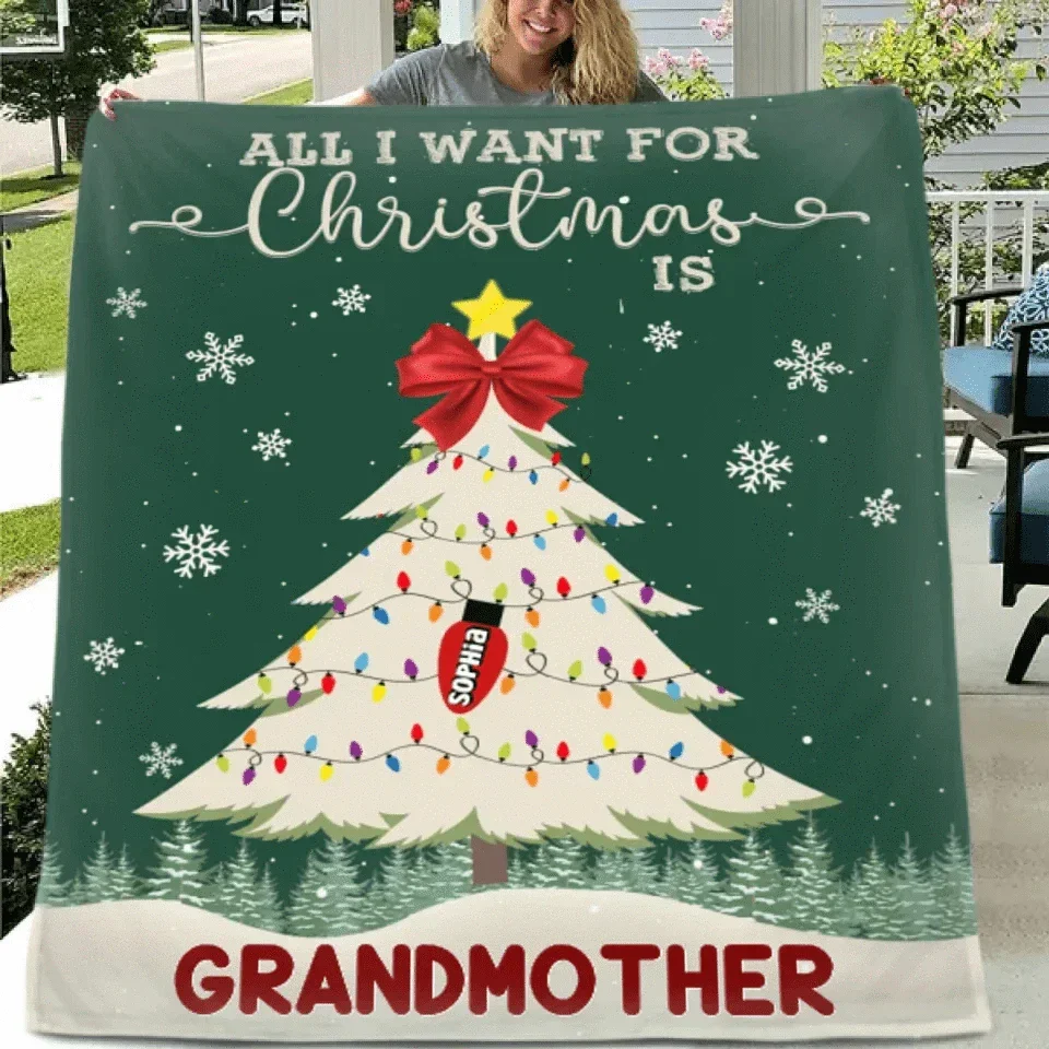 Customized Blanket For Christmas - Personalized Text And Grandchildren's Names Christmas Tree Warm and Soft Flannel Blanket - Christmas Gifts For Grandma - Joliny