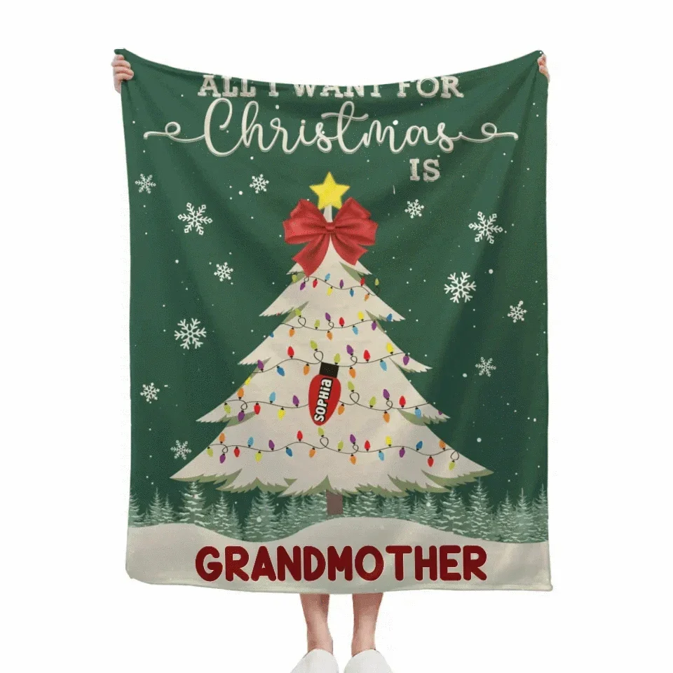 Customized Blanket For Christmas - Personalized Text And Grandchildren's Names Christmas Tree Warm and Soft Flannel Blanket - Christmas Gifts For Grandma - Joliny