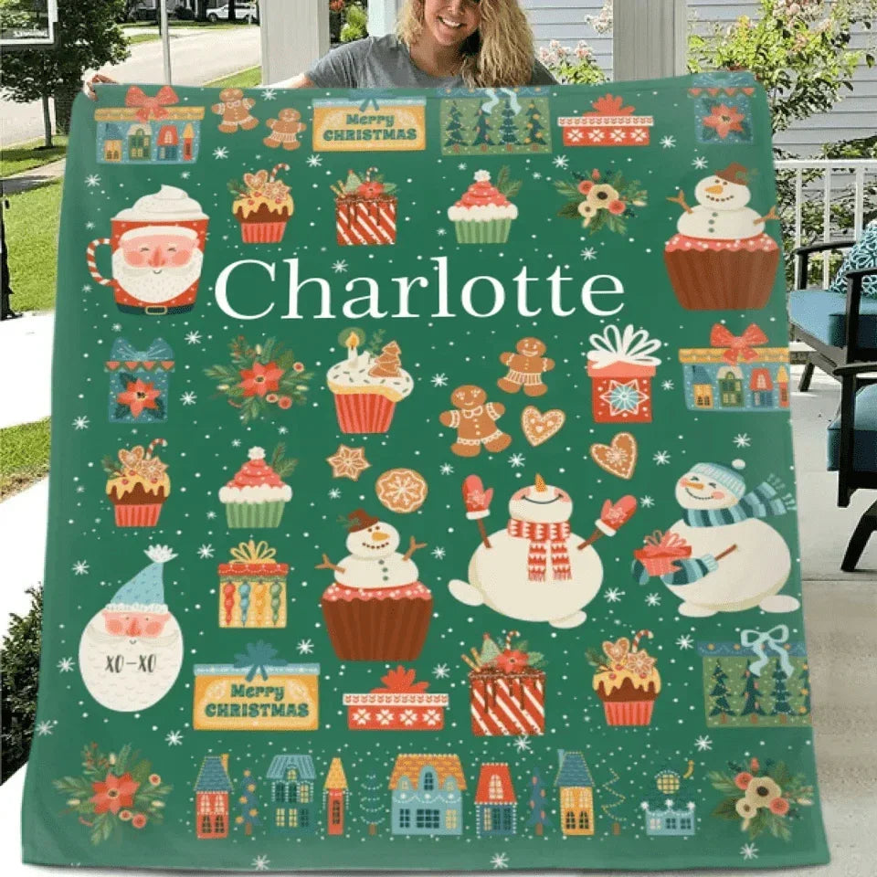 Customized Blanket with Christmas Theme Pattern - Personalized Name Christmas Green Soft Flannel Blanket - Christmas Gift For Family,Child - Joliny