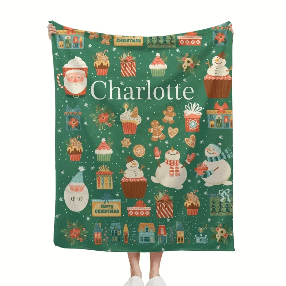 Customized Blanket with Christmas Theme Pattern - Personalized Name Christmas Green Soft Flannel Blanket - Christmas Gift For Family,Child - Joliny
