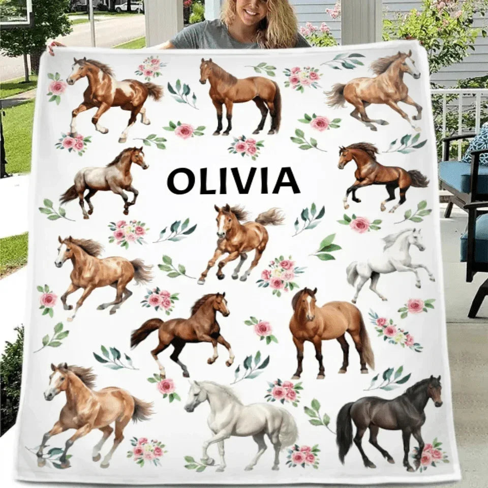 Customized Blankets For Different Horse Forms - Personalized Name Horse And Flower Pattern Blanket - A Gift For Child,Baby - Joliny
