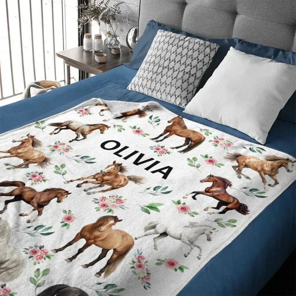 Customized Blankets For Different Horse Forms - Personalized Name Horse And Flower Pattern Blanket - A Gift For Child,Baby - Joliny
