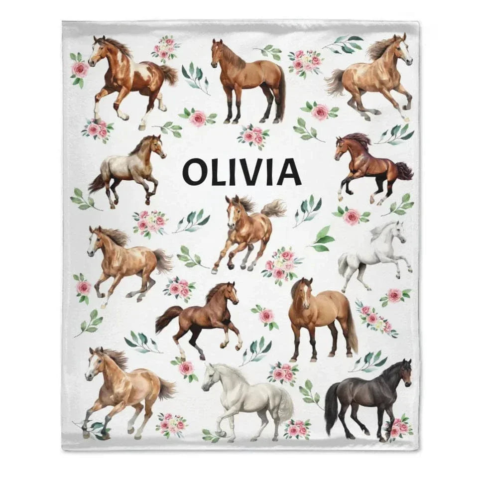Customized Blankets For Different Horse Forms - Personalized Name Horse And Flower Pattern Blanket - A Gift For Child,Baby - Joliny